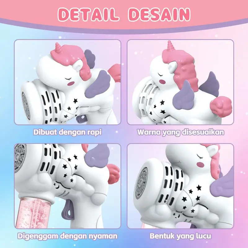 Mainan Unicorn Bubble Machine,   Lampu, Mesin Tiup Gelembung Elektrik Handheld, 10 Lubang Toys EverfunToys 4
