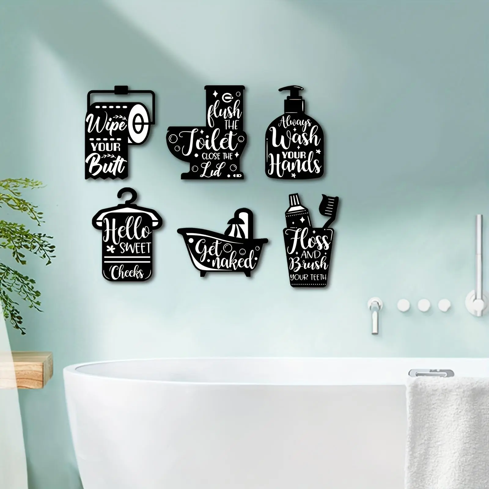 Bathroom Letter Pattern Wooden Wall Sticker, 6 Counts/set Self Adhesive Wall Decal, Decorative Sticker for Home Bathroom Toilet Hotel Dormitory, Ornaments