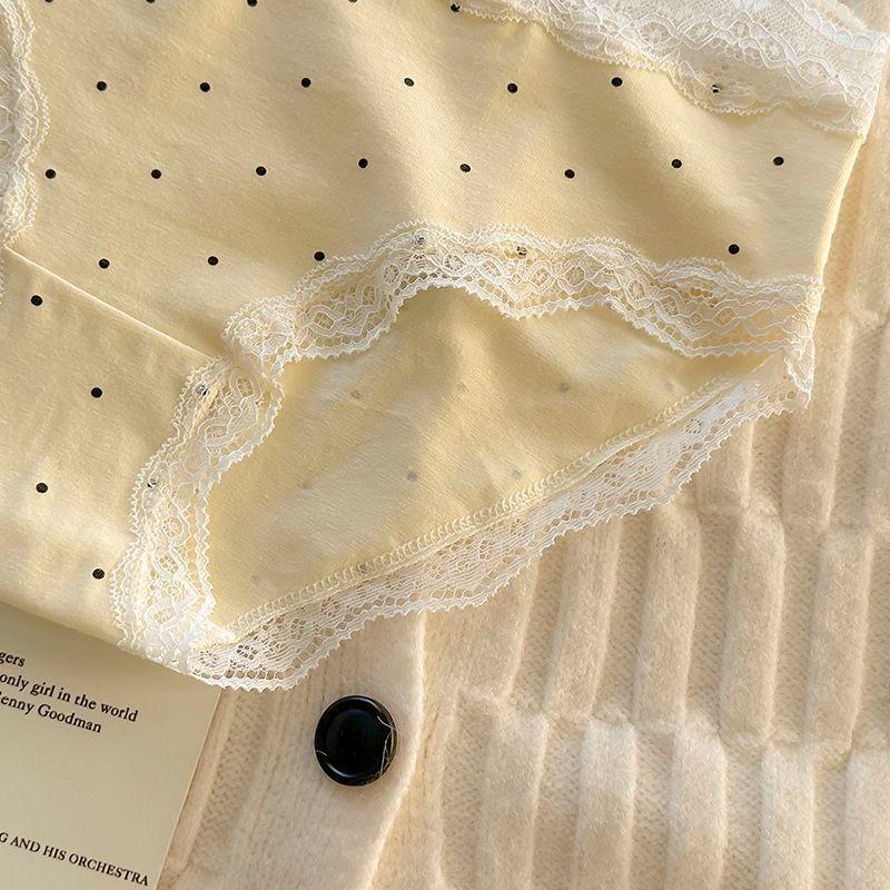 Đồ Lót Ren Gợi Cảm Phong Cách Cổ Điển Pháp, Quần Lót Nữ Mới, Chất Liệu Cotton Và Chống Khuẩn, Cạp Thấp, Thiết Kế Chấm Bi Kem, Bộ Sưu Tập 2062, Bao Gồm Đồ Lót 9