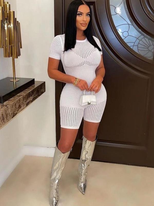 Women's Sexy Solid Sheer Round Neck Romper, Summer Clothes Women, Fashion Casual Hollow Out Short Sleeve Skinny Romper, Women Clothing for Summer, Summer Clothes Valentine's Day, gift 1
