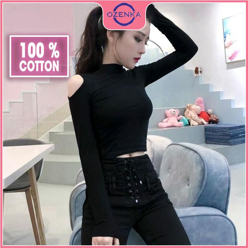  Áo croptop cổ lọ hở vai tay dài OZENKA  crt ôm body thun gân cotton đen trắng free size dưới 50kg mặc đi chơi Cổ Tròn Nữ Shirt Jean Denim Women Women Kem 