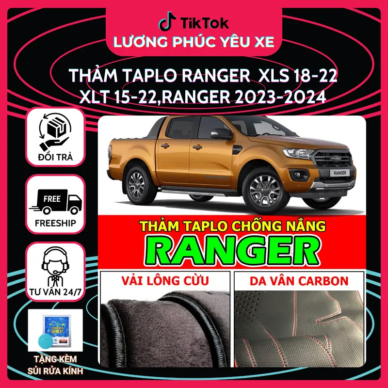 thảm taplo da cacbon,nhung lông cừu RANGER 2023, RANGER XLT 15-22,XLS 18-22 0