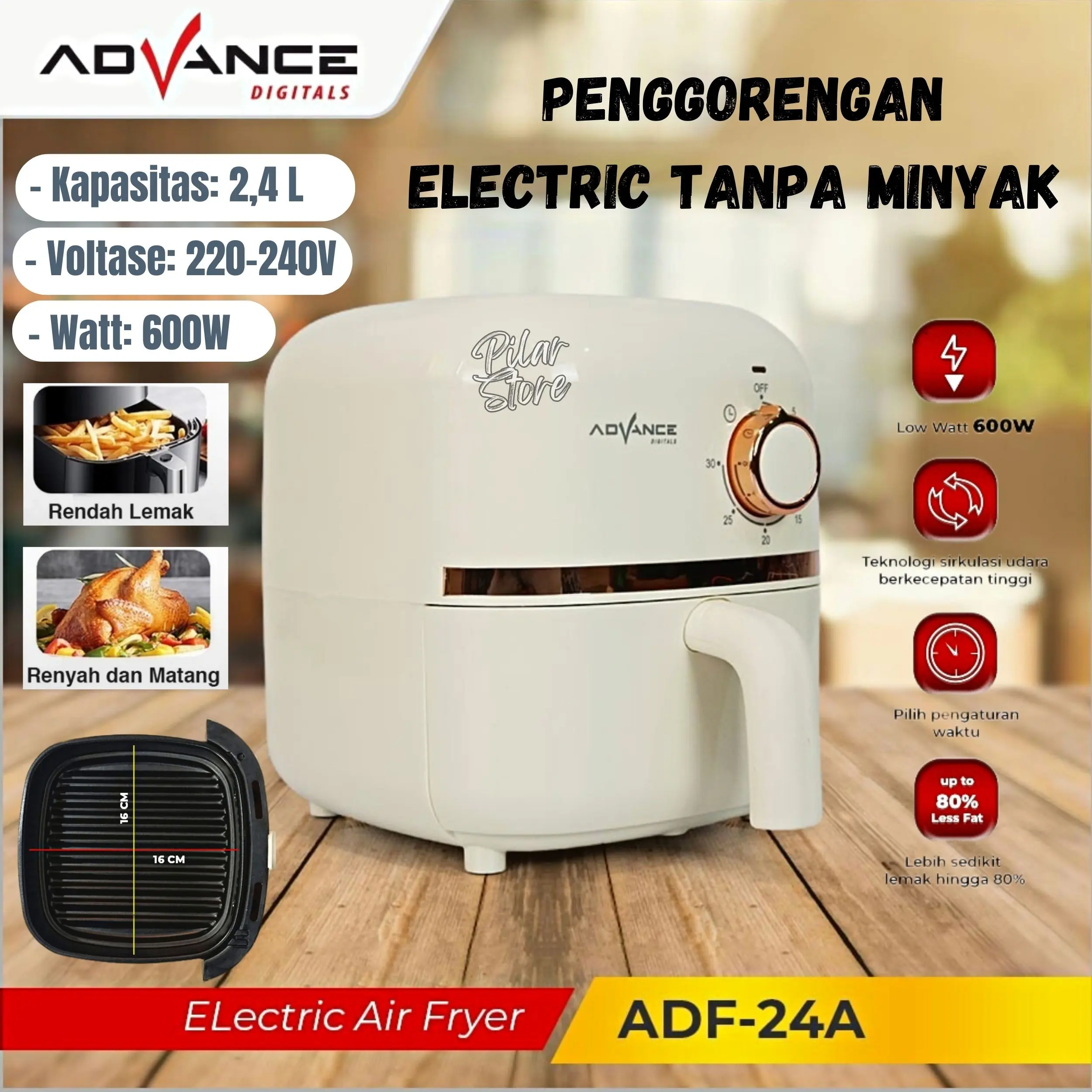 Air Fryer Low Watt Murah | Mesin Penggorengan Tanpa Minyak Anti Lengket | Advance Electric Air Fryer ADF-24A  600W Kapasitas 2,4L
