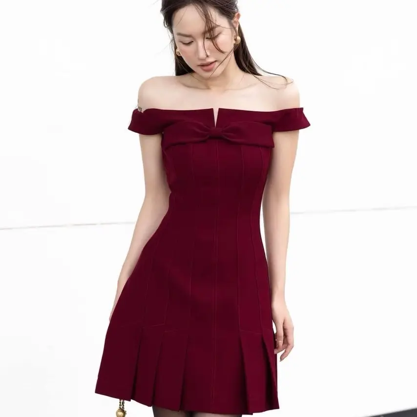 Đầm xếp ly nơ ngực trễ vai sang trọng quyến rũ QC01 Nữ Women