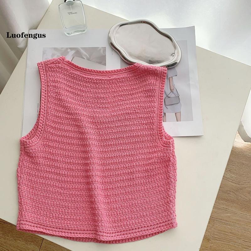 Women's Crochet Knit Tank Tops Casual Loose Fitting Round Neck Sleeveless Showing Navel Solid Color Shirt for Summer 7