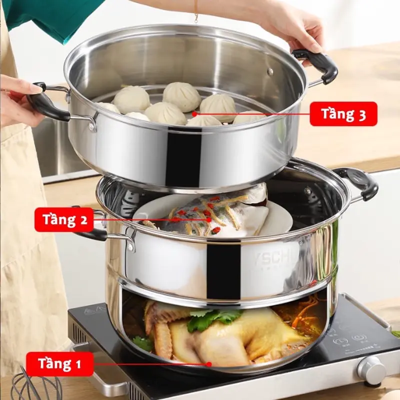 ￼Nồi Hấp Inox 3 Tầng 28cm Melli Tặng Kèm Xửng Hấp, Nồi Hấp Bánh Bao Bánh Flan Hấp Thức Ăn Dùng Cho Cả Bếp Từ Và Bếp Ga 0