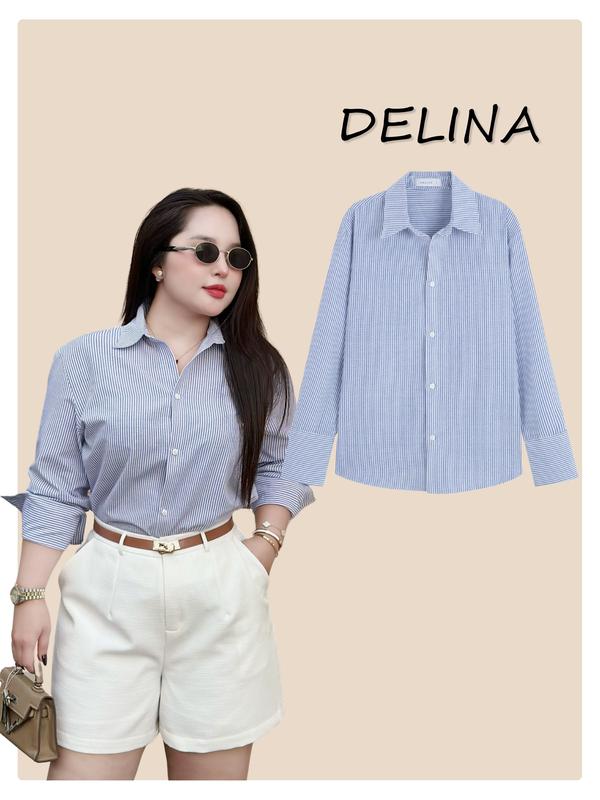Áo sơ mi tay dài big size DELINA, chuẩn form, thanh lịch, sang trọng, big size nữ 50kg-90kg Top Women somi hot trend Sọc Kẻ