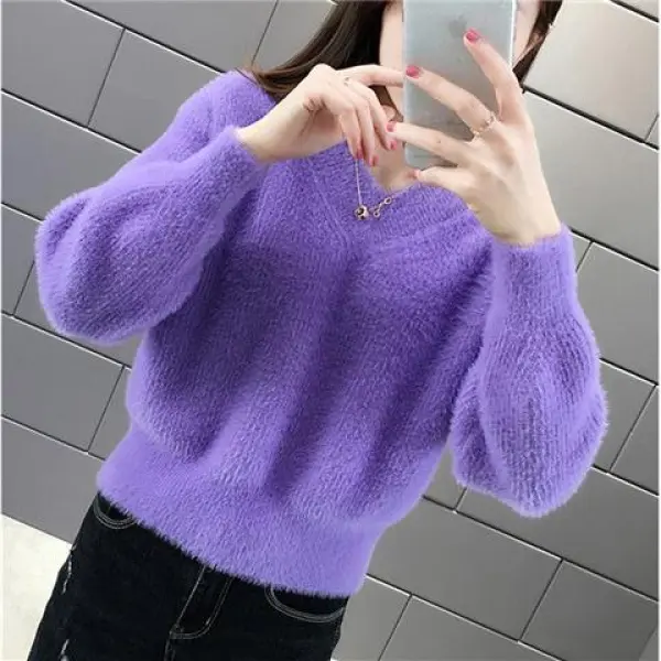 Áo Len Ngắn Lông Chồn Cho Nữ, Áo Chui Đầu Mới, Quần Áo Dệt Kim Dày, Áo Lớp Cơ Bản, Áo Cổ Chữ V Dáng Rộng Vừa Vặn Cho Mùa Thu Và Mùa Đông 8