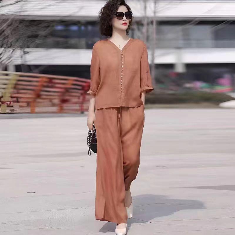 Bộ Đồ Vải Lanh Và Cotton, Bộ Sưu Tập Mới Cho Mẹ TRUNG NIÊN, Thời Trang Thường Ngày Hàng Mới Về Mùa Hè, Áo Vải Lanh Và Quần Ống Rộng, Bộ Hai Mảnh, 2024 6