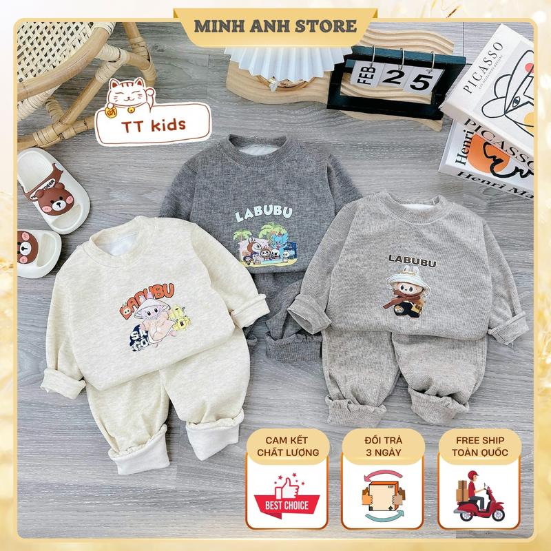 Combo 3-5 Bộ Quần Áo Nỉ Tăm Lông Thỏ Cổ Tròn hoạ Tiết In Nhiệt Hình LABUBU Giữ Ấm Tốt Cho Bé Trai, Bé Gái Từ 5-15Kg set len