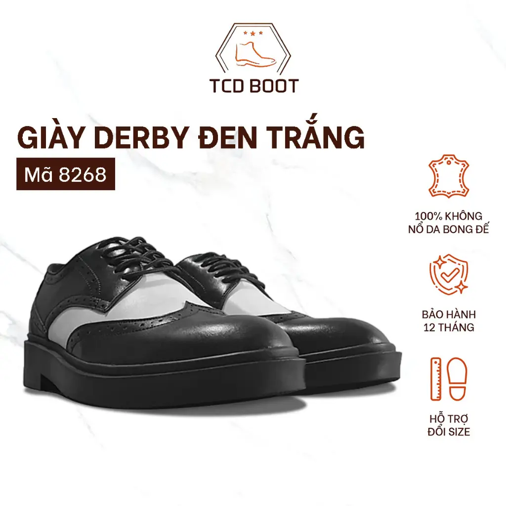 Giày Da Nam Phối Màu Đen Trắng Phong Cách, Giày Derby Wingtip Black White Cao Cấp - Xưởng Giày Chelsea Boot