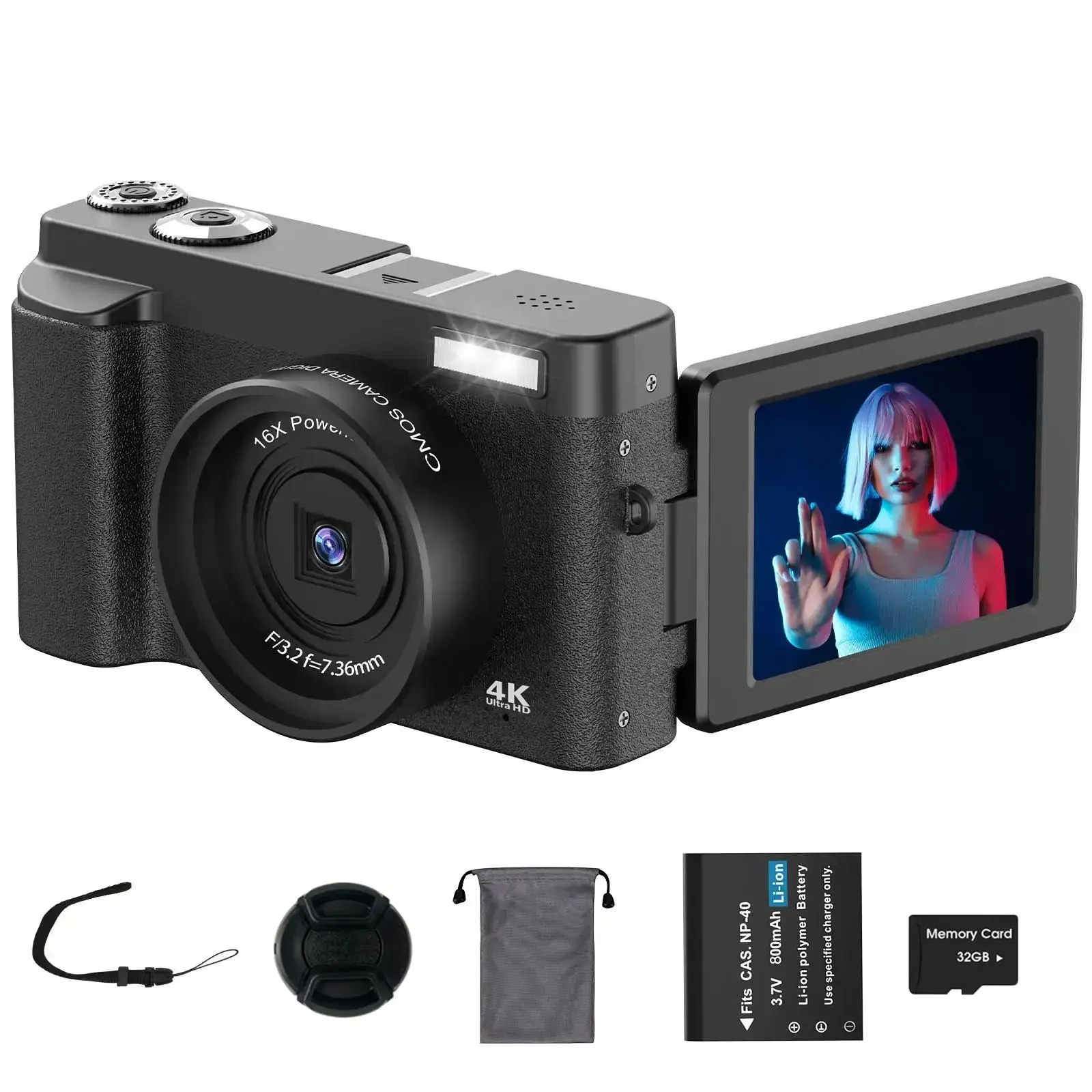 DC101 Digital Camera, 1 Piece 4K Video Recording & 48MP Auto Focus Camera, 180 Degree Flippable Display Camera, 16X Magnification Digital Camera with 32G Memory Card, Ideal Gift for Photography Beginners