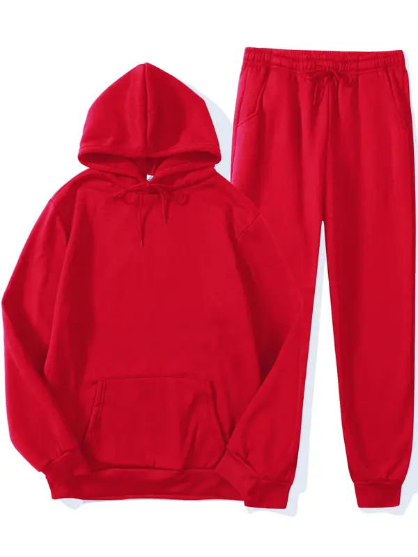 Men's Solid Two-piece Outfits, Regular Fit Casual Drop Shoulder Hoodie & Drawstring Sweatpants, Men Outfits for Fall & Winter, Airport Outfit, Matching Sets for Men, Premium Fabric 8