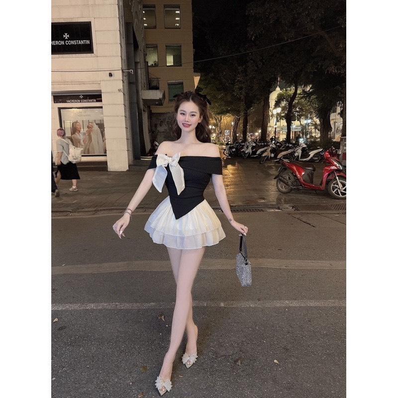 Set áo tăm trễ vai phối nơ dài tay kèm chân váy xoè to đũi dễ thương, Set bộ hề váy tơ áo trễ vai Nữ Kem Women Top 8
