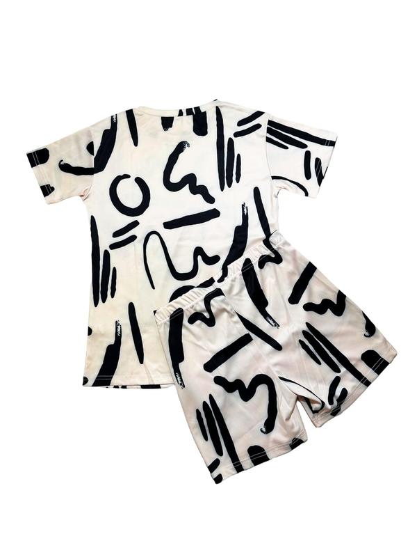 Two-Piece Set Women's All Over Geometric Print Set, Casual Short Sleeve T-shirt & Elastic Waist Pocket Shorts, Women's Two-piece Outfits for Daily Wear 1