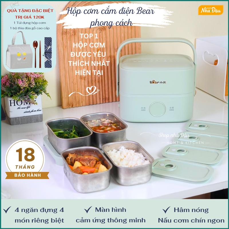 Hộp cơm cắm điện Bear 4 ngăn HOT nhất hiện tại - Hộp cơm văn phòng thiết kế xinh xắn phong cách - Hộp cơm mang đi làm chính hãng Bear