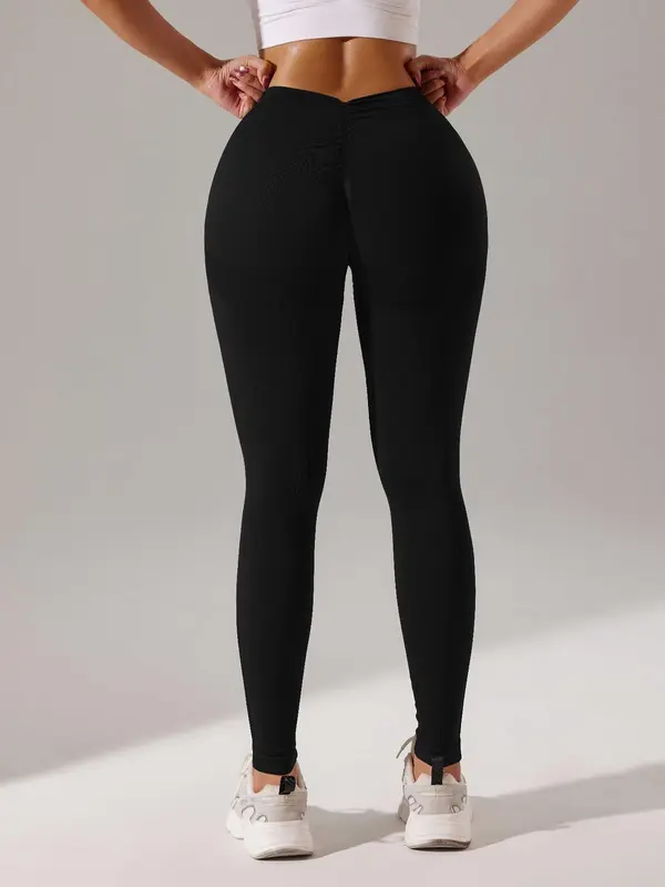 Women's Solid V-Cut Ruched High Waist Sports Leggings, High Stretch Scrunch Butt Yoga Tummy Control Leggings, Gym Clothes, Ladies Sportswear for Indoor Outdoor Wear 2