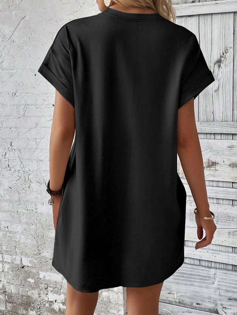 Product Introduction of Women's Just Breathe Letter Print Thermal Transfer Printing Short Dress, Casual Short Sleeve Round Neck Dress for Spring & Fall, Ladies Clothes for Daily Wear 4