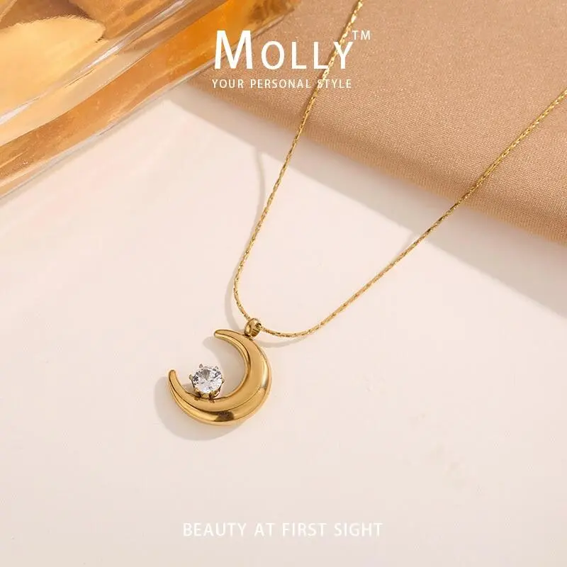 Vòng Cổ Mặt Trăng Và Ngôi Sao, Chất Liệu Thép Không Gỉ, Không Phai Màu, Không Thấm Nước, Không Gây Dị Ứng, Không Gỉ, Mạ Vàng, Mạ Vàng, Trang Sức Vòng Cổ, Dành Cho Nữ