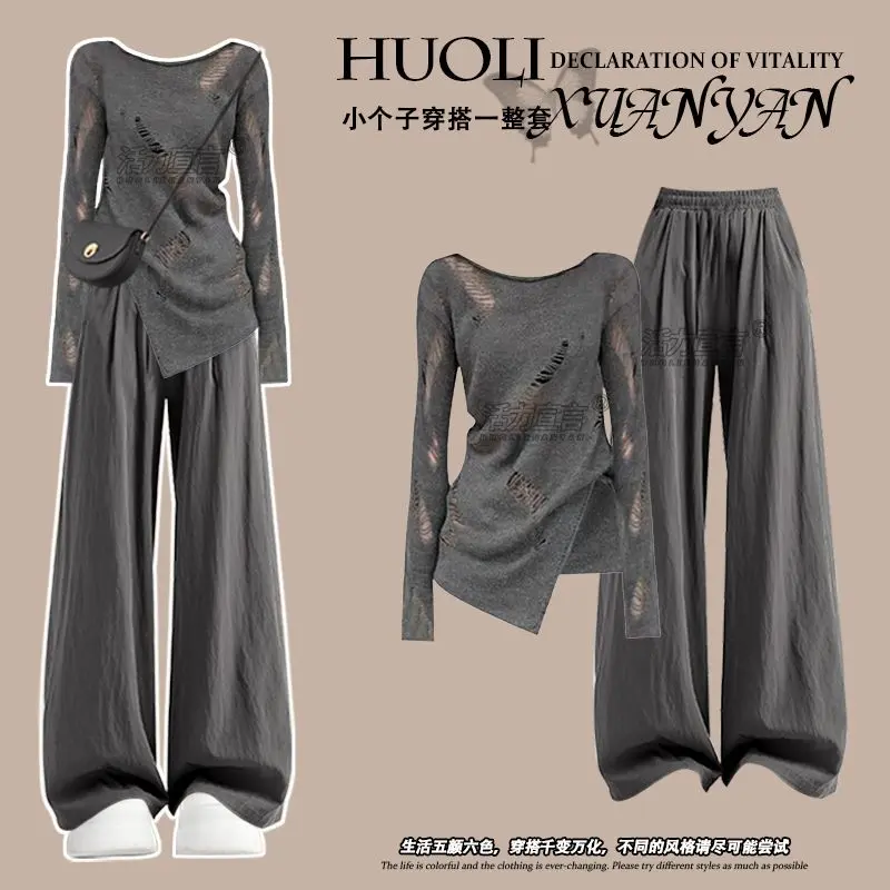 Bộ Đồ Hai Mảnh, Trang Phục Mùa Thu, Bộ Sưu Tập Mới 2024, Thiết Kế Đẹp, Áo Len Rách, Quần Thường Ngày Dễ Phối Đồ Bộ Hai Mảnh
