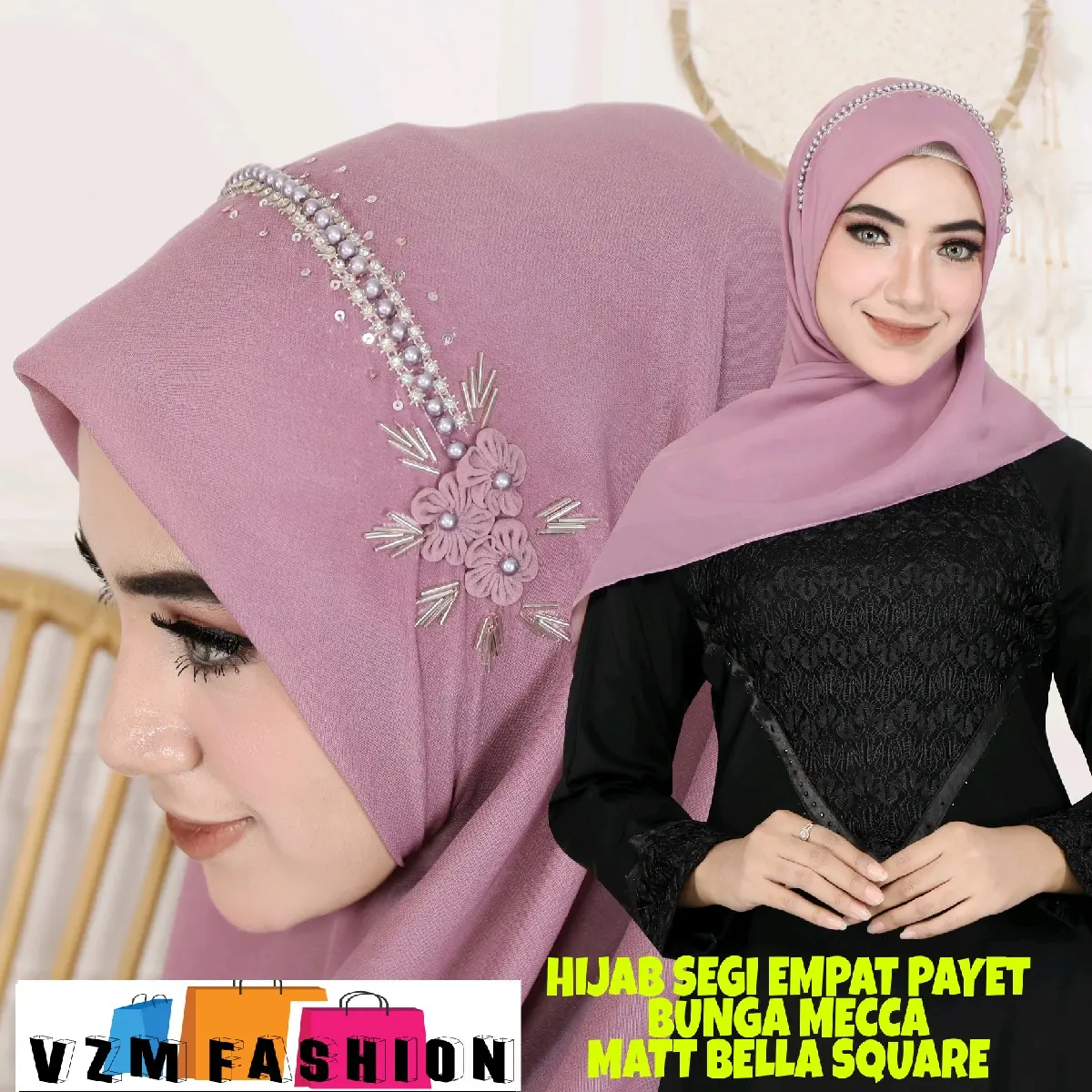 HIJAB SEGI EMPAT PAYET BUNGA MECCA / HIJAB PESTA, HIJAB WISUDA, HIJAB LAMARAN, HIJAB NIKAHAN / HIJAB MEWAH
