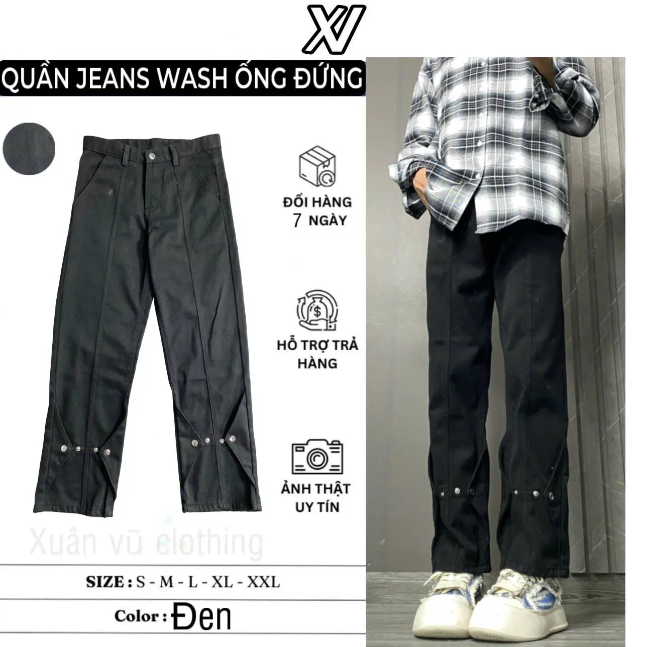 quần suông ống rộng jean màu đen cúc bấm (41)