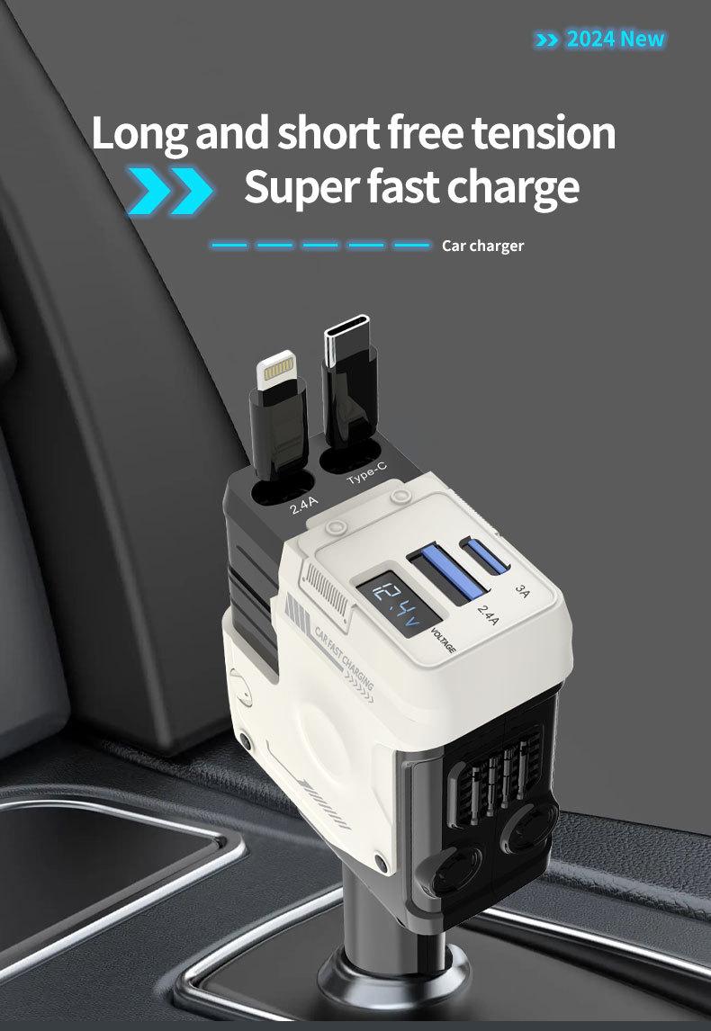 Product Introduction of Retractable modern mecha sci-fi car charger super fast charging flash charging retractable line mecha wind screen display four-in-one cigarette lighter 0