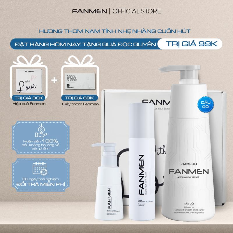 [ Combo Chăm Sóc ] Dầu gội sạch gàu dưỡng tóc cho nam Fanmen 350ml, Sữa rửa mặt muối biển chết sạch sâu, kiềm dầu hỗ trợ ngăn ngừa mụn 100ml và Toner AHA BHA 150ml Làm Sạch Sâu, Dưỡng Ẩm Cho Nam | Tặng Hộp Đựng WLv Kèm Quà 0Đ
