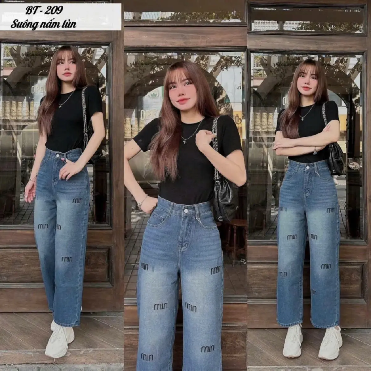 ( Quần Suông Nấm 94cm,size 38-69kg) Quần Jean Suông Lưng Cao,Thêu,chất QCCC Pants