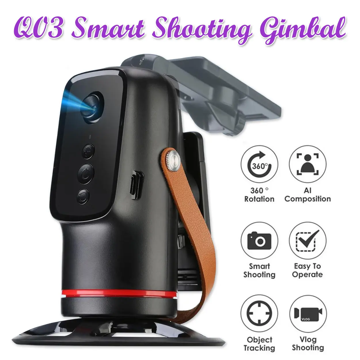 Q03 Auto Tracking Phone Holder 360° Rotation Phone Camera Mount Smart Shooting Phone Tracking Holder Selfie Stick for iOS Android Stabilizer Shooting Live,No App,Rechargeable Automatic Remote