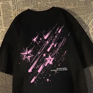 Kaos lengan pendek cetak hujan meteor Amerika untuk pria dan wanita pakaian jalanan unisex atasan pasangan kasual longgar