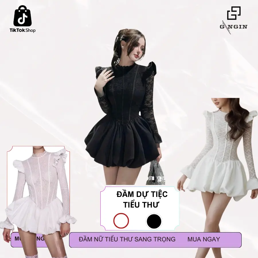 Đầm váy dự tiệc nữ dáng xoè, tay dài phối ren sang trọng cho nàng