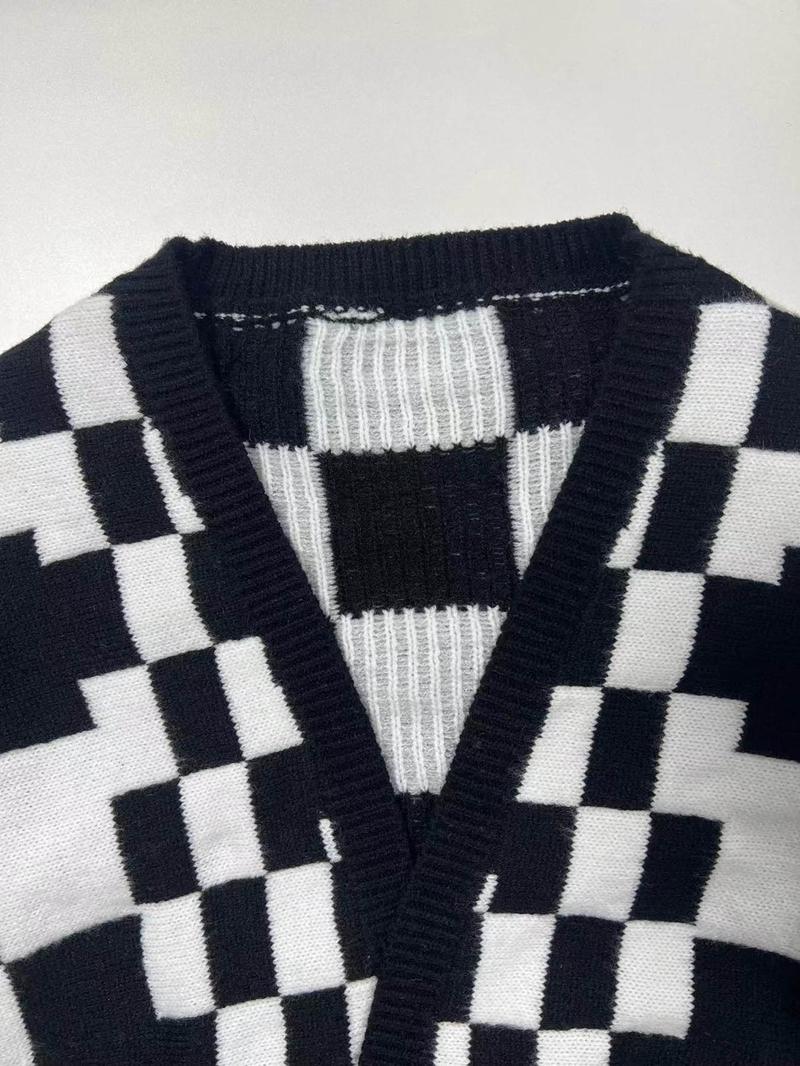 Product Introduction of Women's Plaid Print Pocket Drop Shoulder Sweater Cardigan, Casual Long Sleeve Open Front Knitwear for Spring & Fall, Fashion Women's Knit Clothing for Daily Wear 9