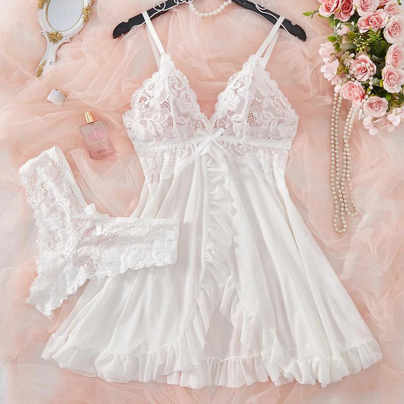COLORFUL Bộ đồ ngủ ren lưới xuyên thấu mờ ảo màu trơn đen/trắng váy hai dây sâu cổ chữ V dáng ôm sát khoét lưng dây ràng mềm mại gợi cảm quà bất ngờ cho bạn gái phong cách Hàn Quốc