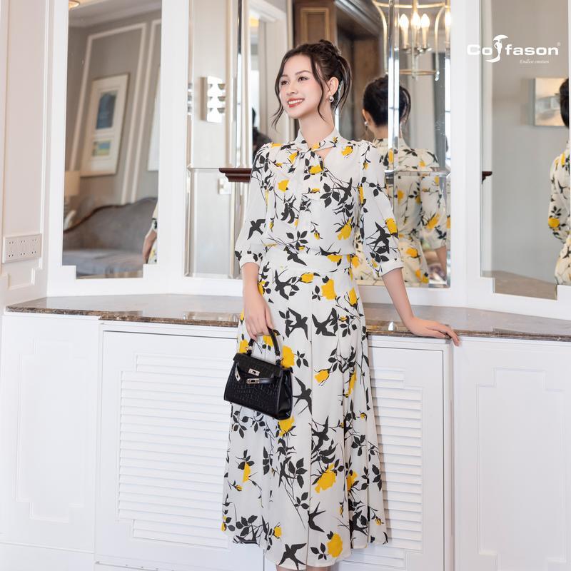  SET SƠ MI HỌA TIẾT CỔ NƠ TAY LỬNG & CHÂN VÁY MIDI BỔ MẢNH - 04 MÀU TRẮNG HỌA TIẾT HOA VÀNG  TRẮNG HỌA TIẾT  HỒNG HỌA TIẾT KEM HOA VÀNG - Size S M L XL - Vải Voan Cát nhập khẩu Hàn Quốc - Set áo sơ mi công sở đẹp 