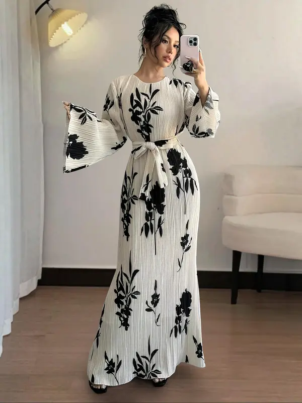 Women's Floral Print Belted Flounce Sleeve Dress, Elegant Long Sleeve Round Neck A Line Dress for Spring & Fall, Women's Clothing for Daily Wear, Wedding Guest Dresses 7