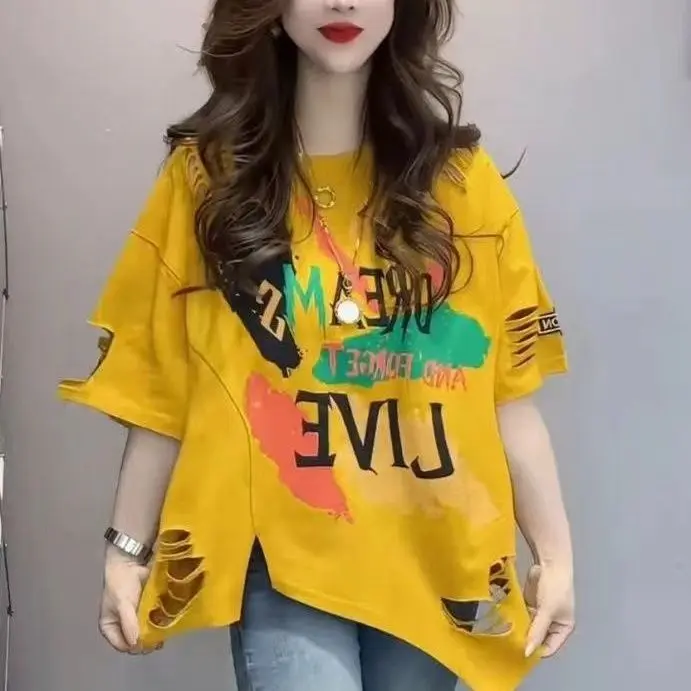 Áo Thun Rách, Chất Liệu Cotton, Dáng Rộng Vừa Vặn, Phong Cách Phương Tây, ngắn Tay, In Hình, ngắn Tay, Phiên Bản Châu Âu, Có Khe Hở Dopamine