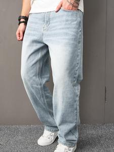 Men's Washed Straight Leg Jeans, Loose Casual Comfy Slant Pocket Design Denim Trousers for Daily Wear, All-Match Woven Bottoms for All Seasons, Cotton