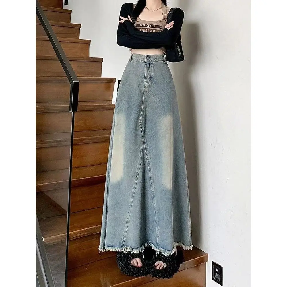 [long denim skirt without slit]High Waist Tassel Design A- line Retro Blue Denim Skirt Female 2024 New Spring and Summer Small Frayed Long Skirt Clothing No Slit Denim Long Skirts