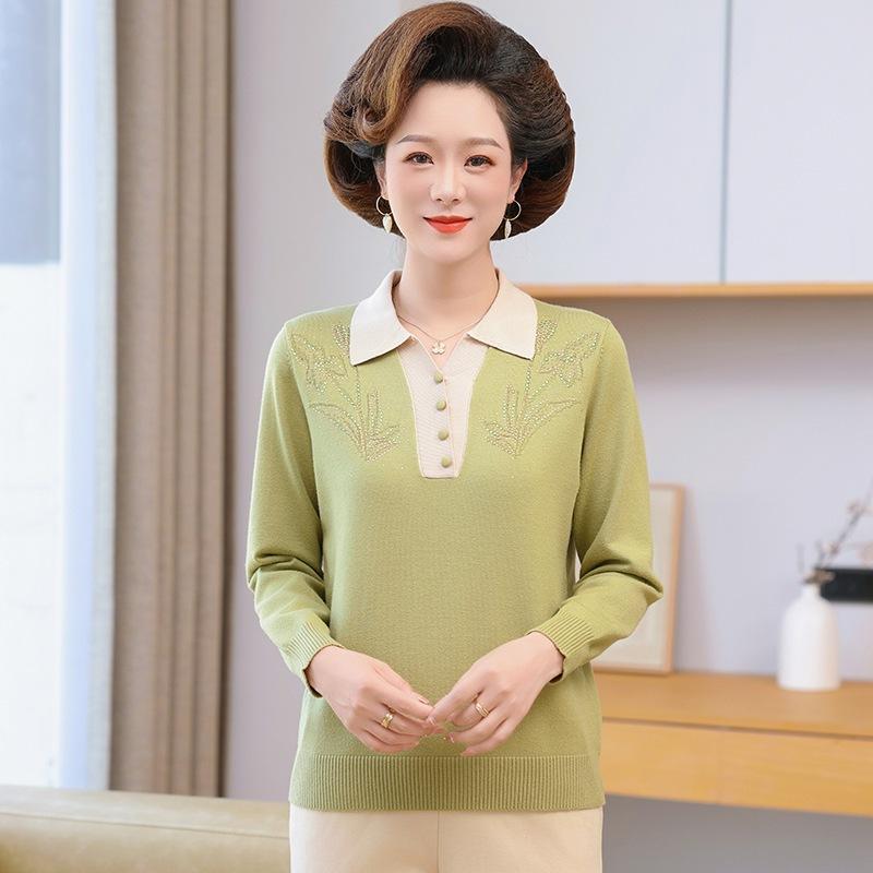 Product Introduction of Áo Len Nữ Trung Niên Xuân Thu, Cổ Áo Sơ Mi, Họa Tiết Hoa Lá Trang Nhã, Sang Trọng (M221) 8