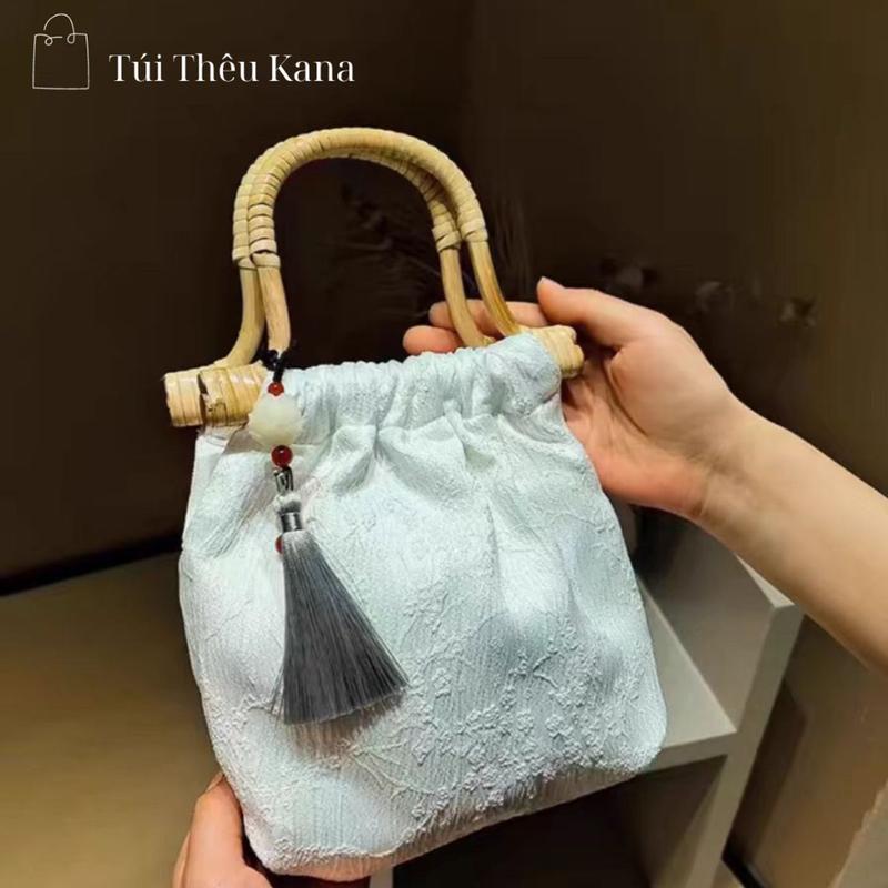 Túi Lụa Tay Cầm Mây Tre Phong Cách Trung Hoa, Túi Xách Tay Vintage, Túi Mây Tre Cổ Trang 0