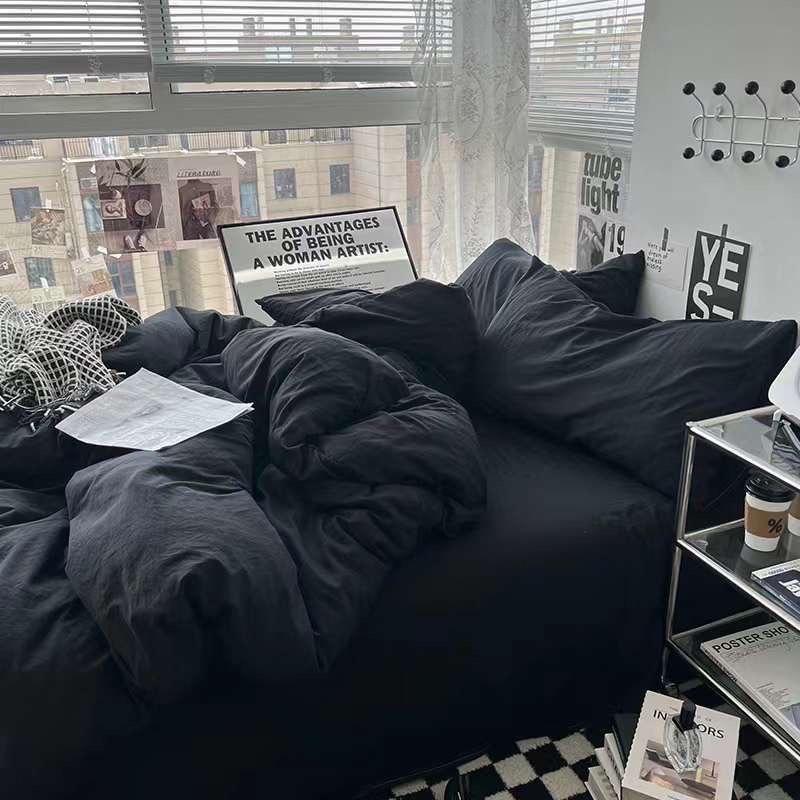 Bộ chăn ga gối cotton tici  cotton đũi trơn dày decor phòng ngủ vintage màu đen tuyền full đủ mọi cỡ nệm Cotton 4