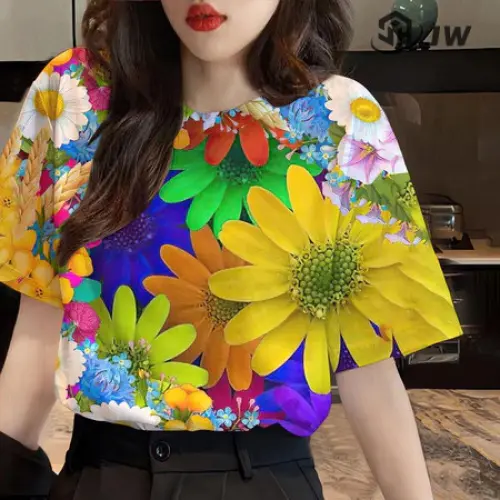 Áo Thun Hoa Hướng Dương In 3D, Dành Cho Nữ, Áo Nữ Hawaii Đầy Màu Sắc, Hàng Mới Về 2025, Dáng Rộng Vừa Vặn, Đẹp, Thường Ngày 1