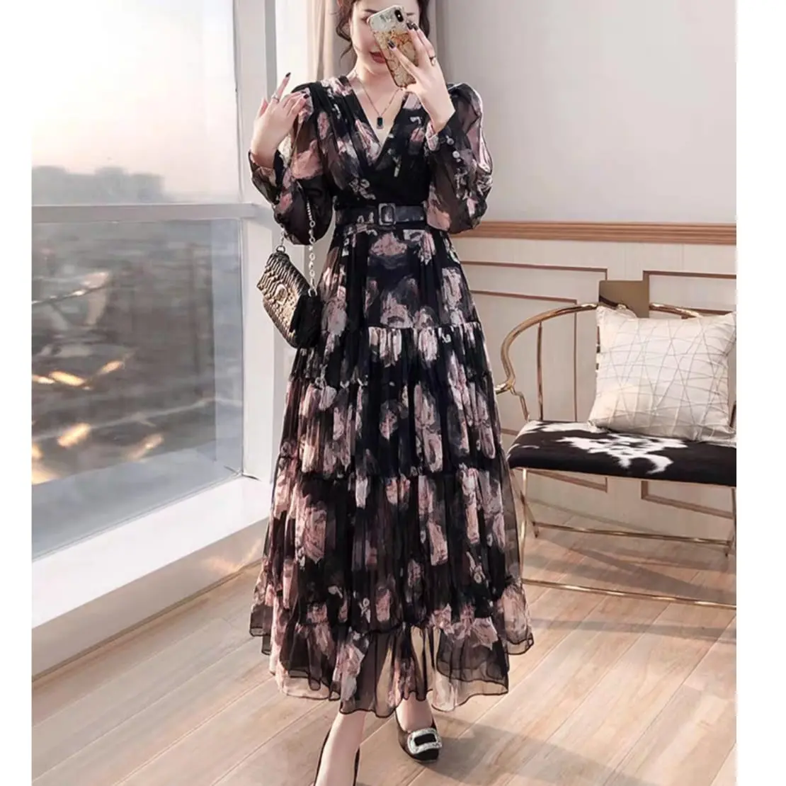 TM 99220 Dress Wanita Maxi Saffron Tiered