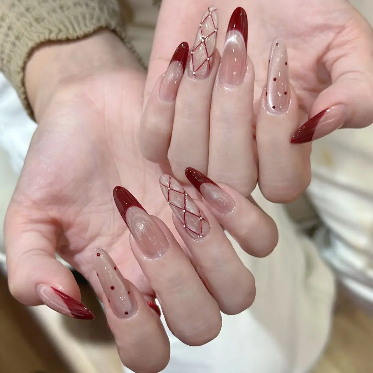 10 Pieces of Wear Nail Ice Transparent Nude Color Flash Rhinestone Ball Finished Product Nail Stickers Natural White Medium Long Nail