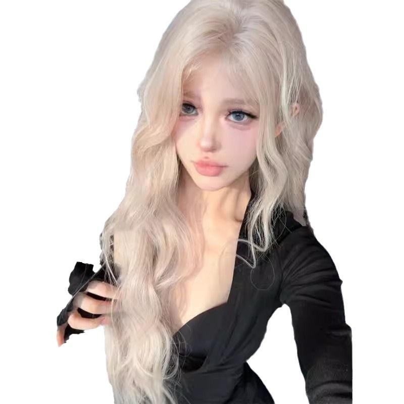 Artificial Scalp Lace Pink White Gold Net Red Fluffy Long Curly Wig for Women 4