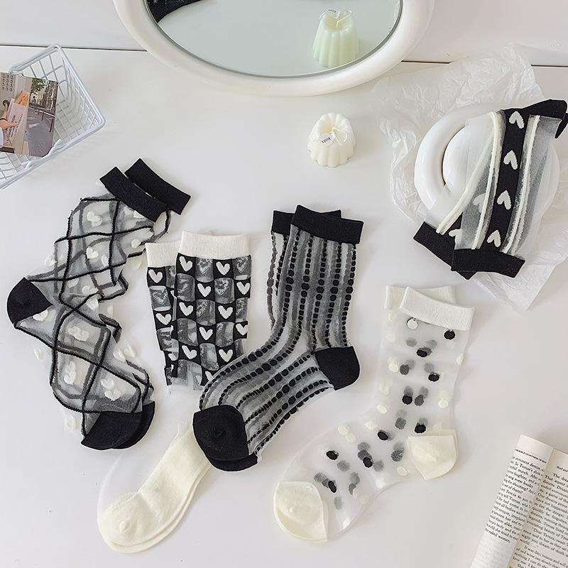 Product Introduction of 1/4pairs Lace Sock Women Sexy Ruffled Love Heart Pattern Transparent Sheer Mesh Sweet Glass Fiber  Silk Mid Tube Stocking 13