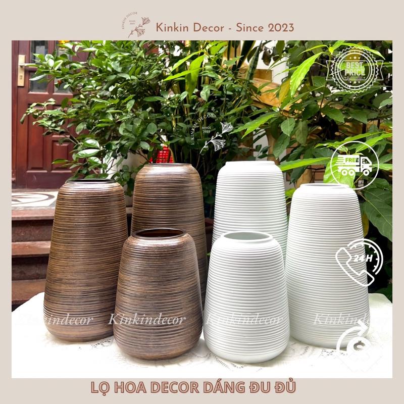 Lọ hoa vân ganh men mộc và trắng gốm sứ Bát Tràng - Đủ bộ 3 lọ dáng đu đủ bình hoaxinh