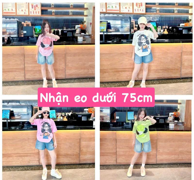 [MinMinKid2] (16-40kg dưới 1m5) Set áo thun loang in hoạ tiết cô gái ngộ nghĩnh phối quần sọc jean năng động cho bé gái