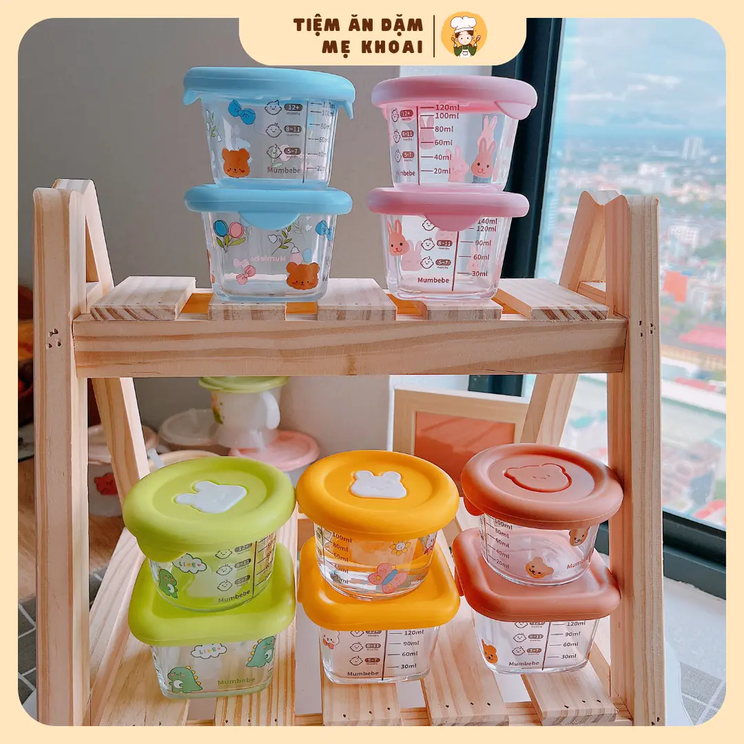 Hũ thủy tinh in họa tiết Mumbebe trữ đông đồ ăn cho bé , có van thoát khí, có vạch Chia, năp Silicone dung cu andam chobe cái bát đồ dùng trẻ em